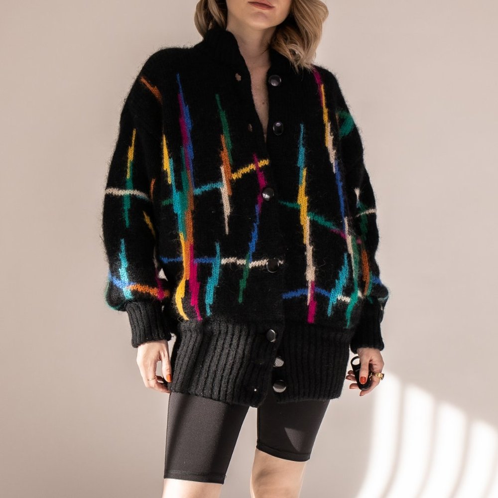 Vintage 80s mohair abstract stripe chunky cardigan - Picture 5 of 10